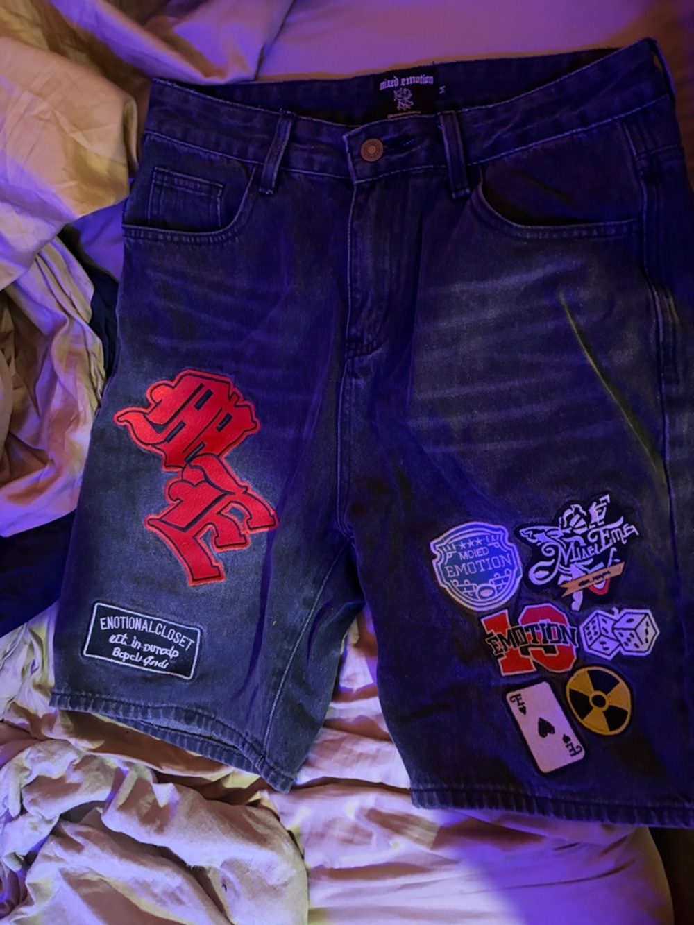Emotional Closet Black Washed Denim Patch Shorts with Red Accents